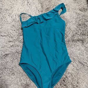 One-Shoulder Teal Ruffle One-Piece Swimsuit